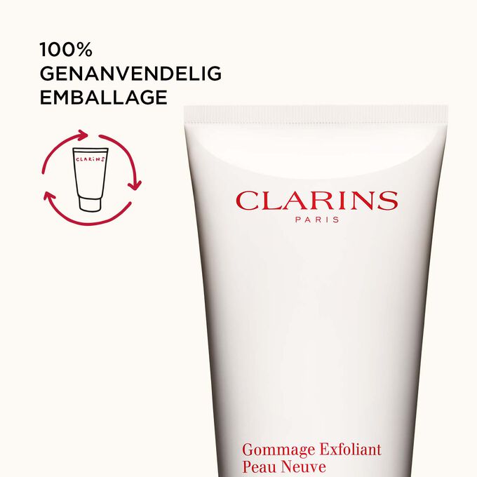 Close-up of the top of the Clarins Exfoliating Body Scrub to highlight that its pacakging is 100 recyclable